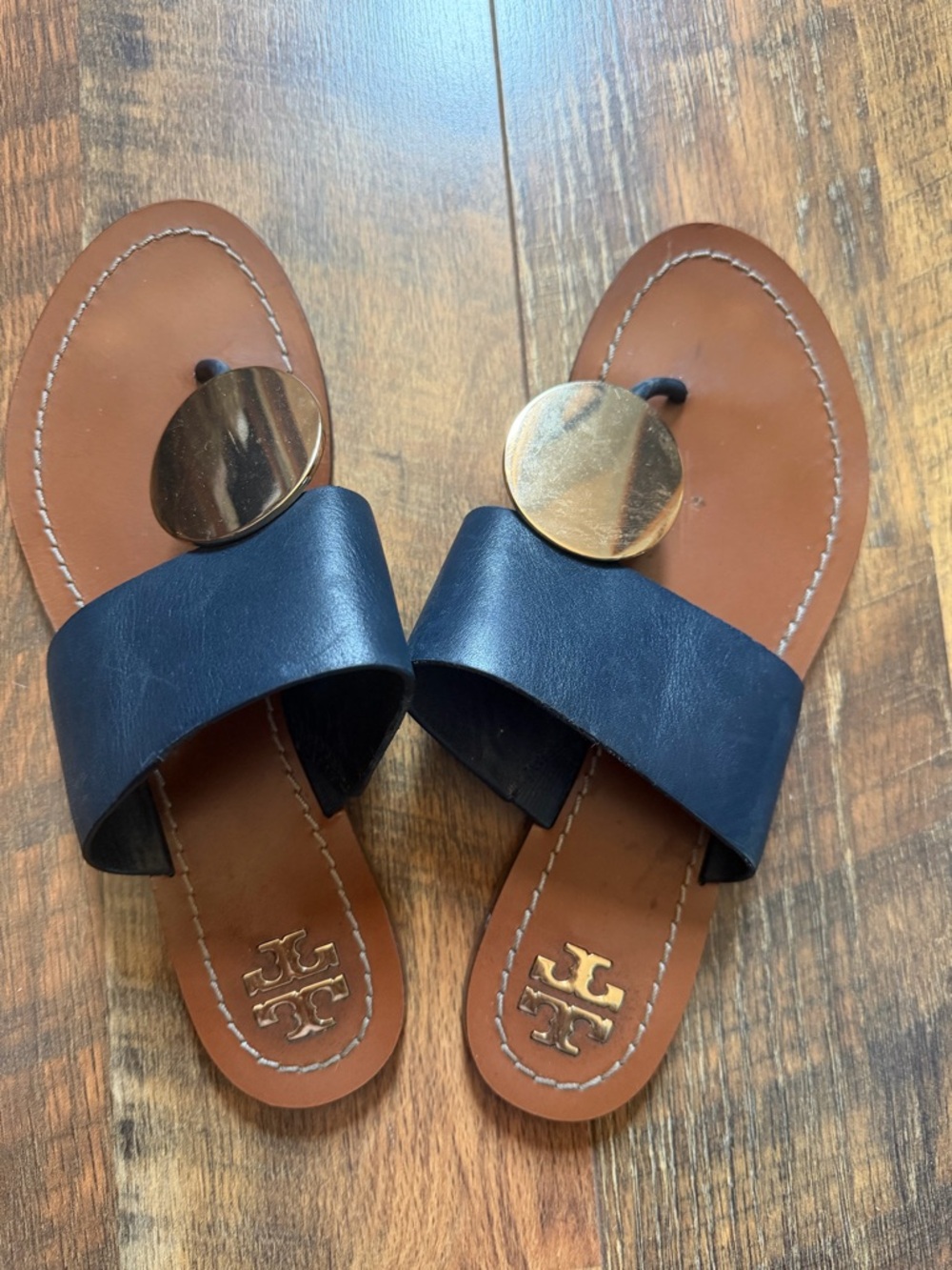 Tory Burch Navy Leather Slide Sandals with Gold Disc and Tan Footbed